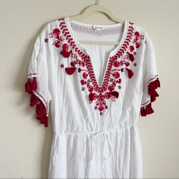 Club Monaco White Red Embroidered Tassel Dress MIDI - Picture 5 of 8